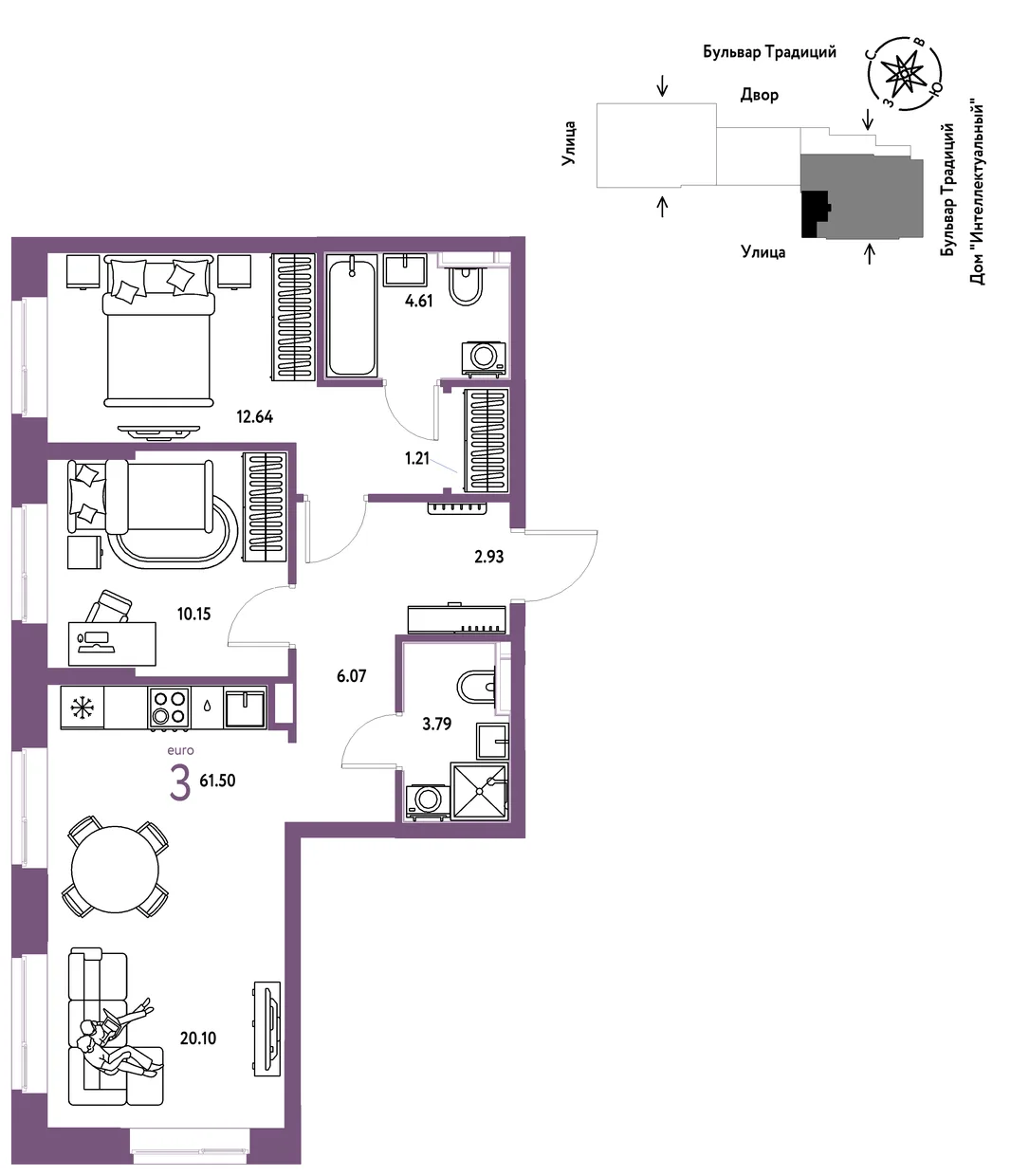 Планировка 3-комн. квартира, 61.5 м² ЖК «Микрорайон Домашний»