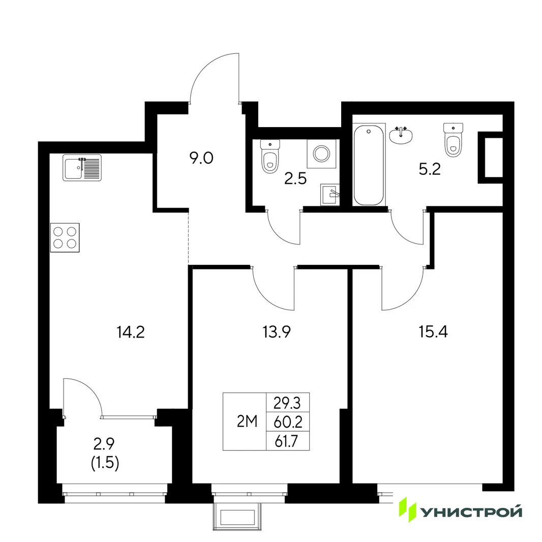 Планировка 2-комн. квартира, 61.7 м² ЖК «Стадиум»