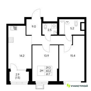 Планировка 2-комн. квартира, 61.7 м² ЖК «Стадиум»