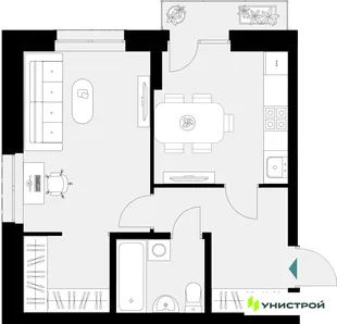 Планировка 1-комн. квартира, 41.13 м² ЖК «Уникум на Амирхана»