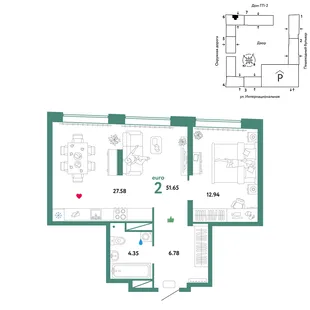 Планировка 2-комн. квартира, 51.65 м² ЖК «Юнион»