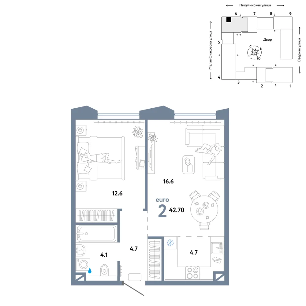 Планировка 2-комн. квартира, 42.7 м² ЖК «Страна.Озёрная»