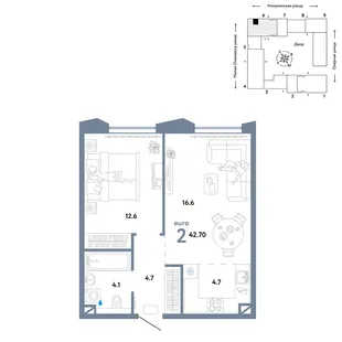 Планировка 2-комн. квартира, 42.7 м² ЖК «Страна.Озёрная»