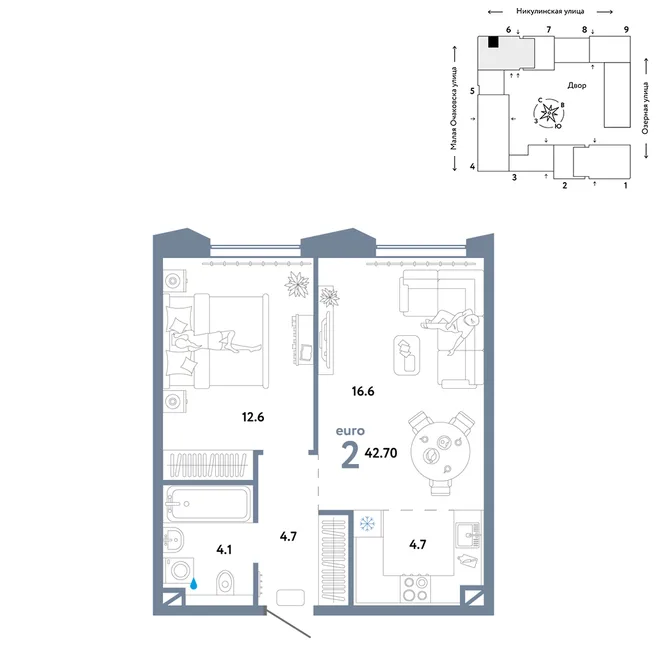 Планировка 2-комн. квартира, 42.7 м² ЖК «Страна.Озёрная» Планировка 2-комн. квартира, 42.7 м² ЖК «Страна.Озёрная»