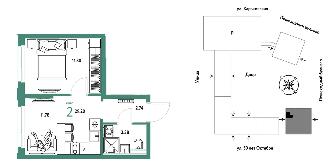 Планировка 1-комн. квартира, 29.2 м² ЖК «Сердце Сибири»