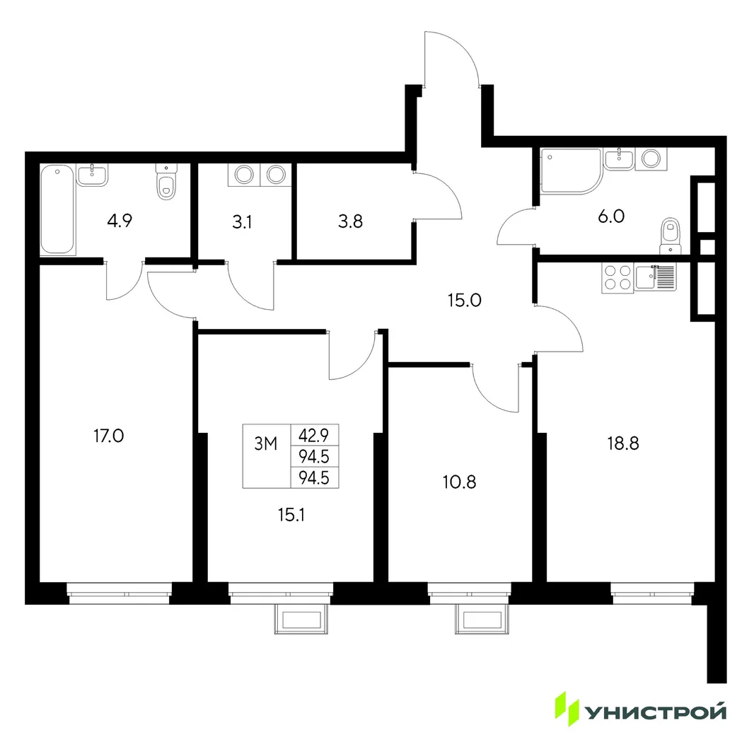 Планировка 3-комн. квартира, 94.5 м² ЖК «Стадиум»
