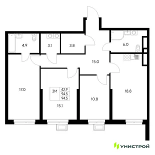 Планировка 3-комн. квартира, 94.5 м² ЖК «Стадиум»