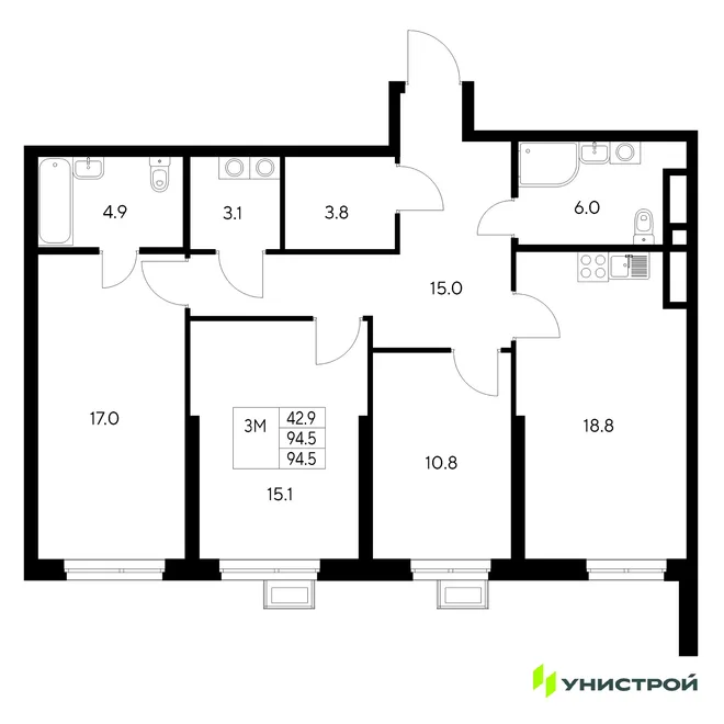 Планировка 3-комн. квартира, 94.5 м² ЖК «Стадиум» Планировка 3-комн. квартира, 94.5 м² ЖК «Стадиум»