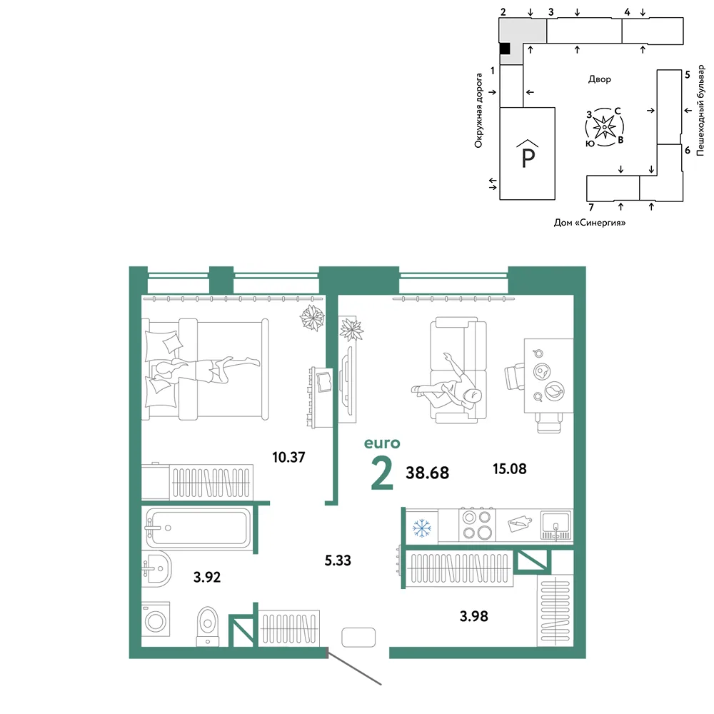 Планировка 2-комн. квартира, 38.68 м² ЖК «Юнион»