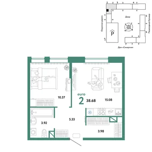 Планировка 2-комн. квартира, 38.68 м² ЖК «Юнион»