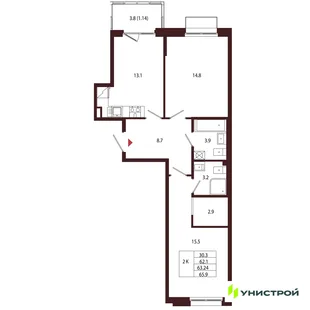 Планировка 2-комн. квартира, 63.24 м² ЖК «Лисино»