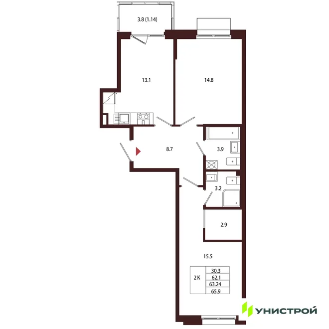 Планировка 2-комн. квартира, 63.24 м² ЖК «Лисино» Планировка 2-комн. квартира, 63.24 м² ЖК «Лисино»
