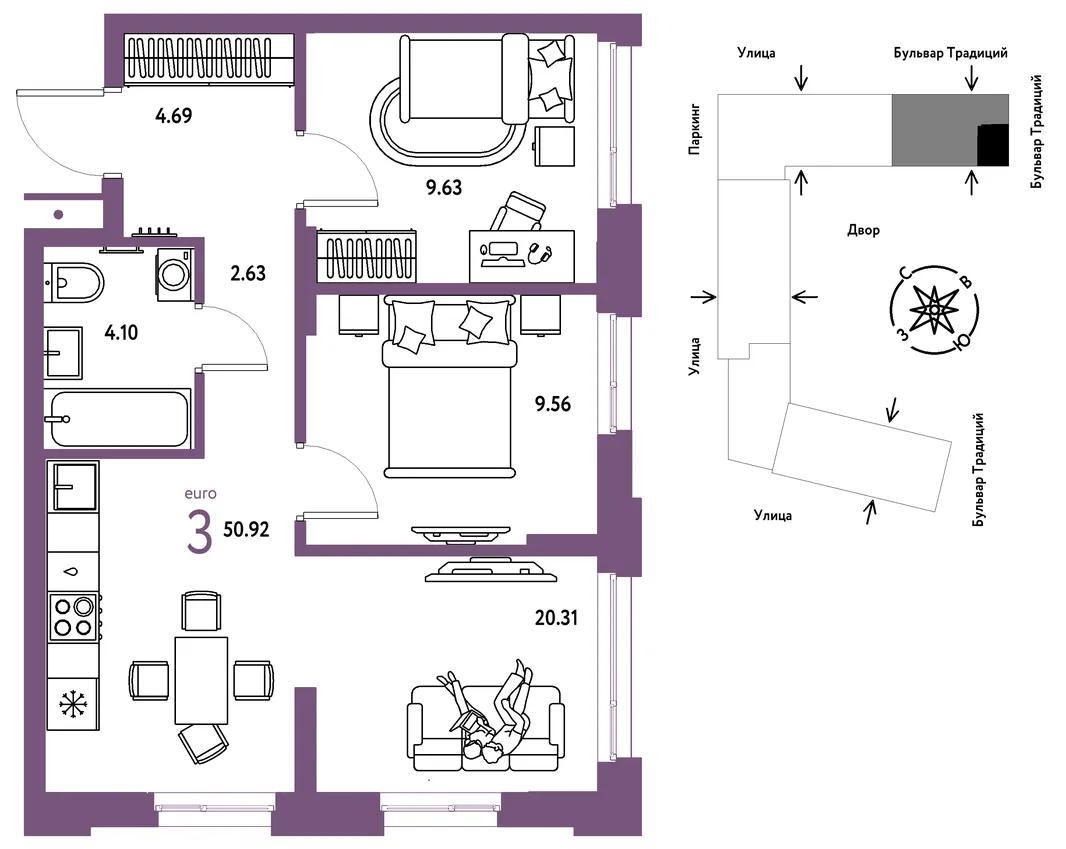 Планировка 3-комн. квартира, 50.92 м² ЖК «Микрорайон Домашний»