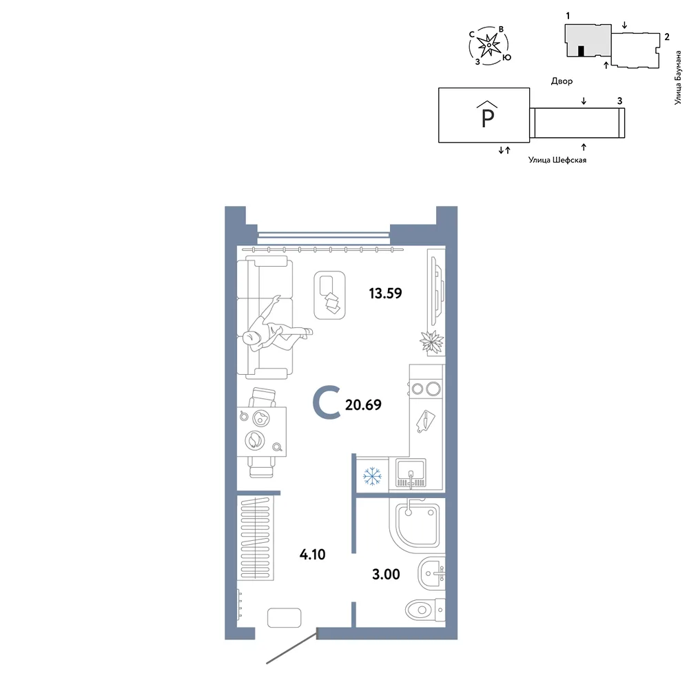 Планировка Студия, 20.69 м² ЖК «Страна.Энтузиастов»