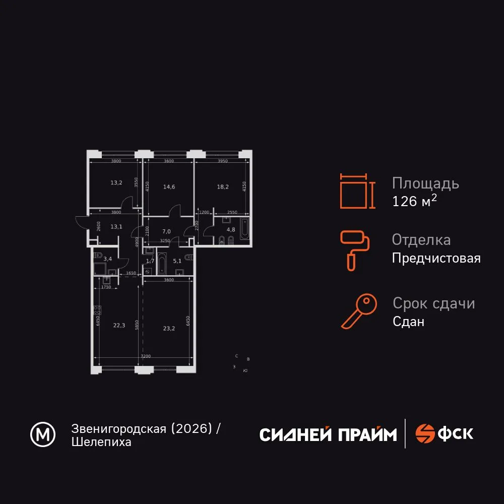 Планировка 3-комн. квартира, 126.6 м² ЖК «Sydney Prime»
