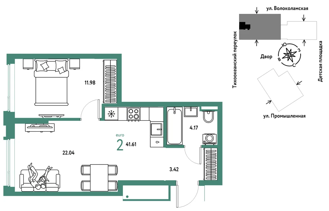 Планировка 2-комн. квартира, 41.61 м² ЖК «Страна Прибрежная»