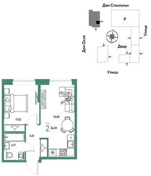 Планировка 2-комн. квартира, 36.29 м² ЖК «Европейский берег 2.0»