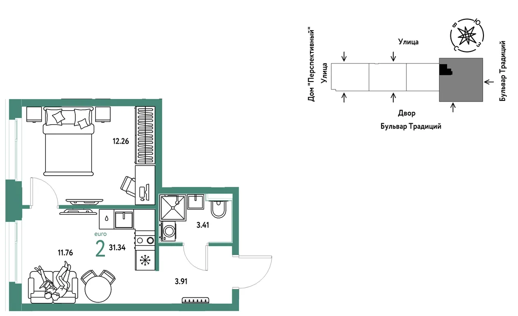 Планировка 2-комн. квартира, 31.34 м² ЖК «Микрорайон Домашний»