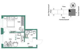 Планировка 2-комн. квартира, 31.34 м² ЖК «Микрорайон Домашний»
