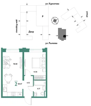 Планировка 2-комн. квартира, 38.47 м² ЖК «Остров-сад»