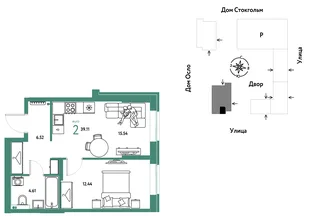 Планировка 2-комн. квартира, 39.11 м² ЖК «Европейский берег 2.0»