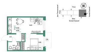 Планировка 2-комн. квартира, 39.9 м² ЖК «Микрорайон Домашний»