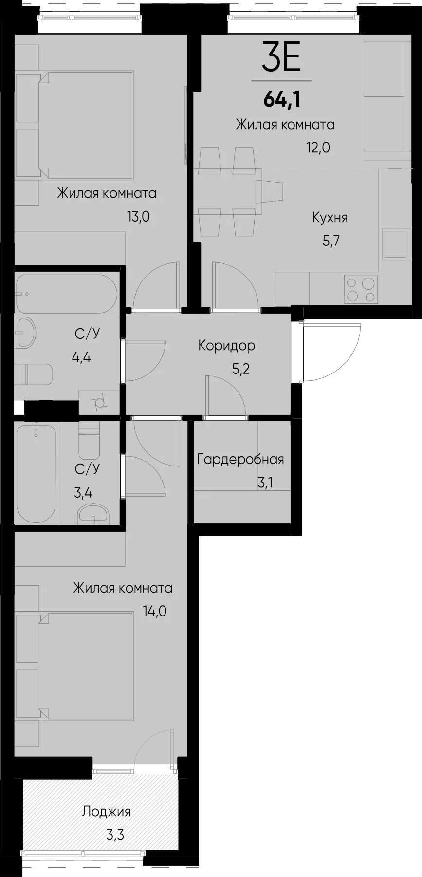 Планировка 3-комн. квартира, 64.1 м² ЖК «Васильевский остров»