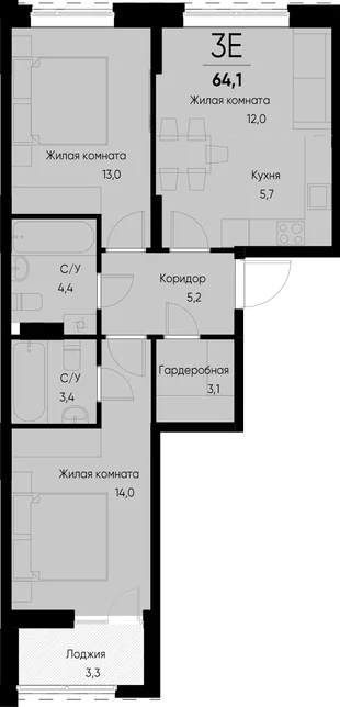 Планировка 3-комн. квартира, 64.1 м² ЖК «Васильевский остров»
