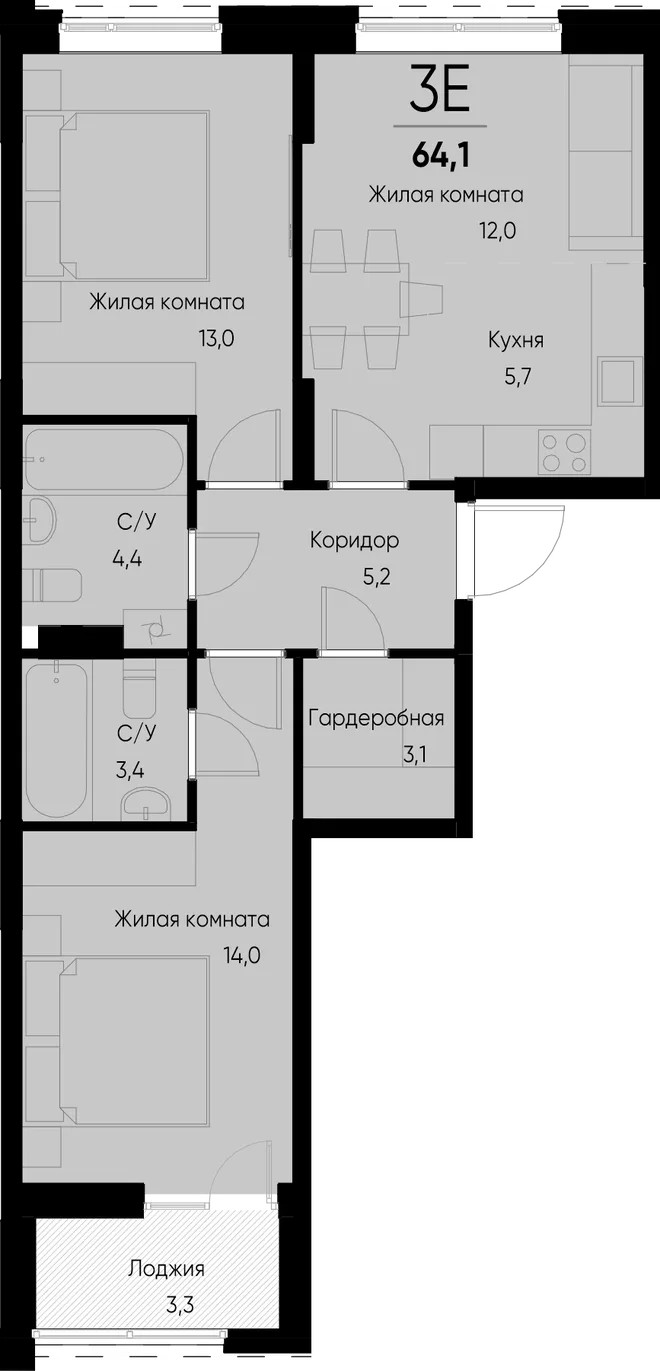 Планировка 3-комн. квартира, 64.3 м² ЖК «Васильевский остров» Планировка 3-комн. квартира, 64.3 м² ЖК «Васильевский остров»