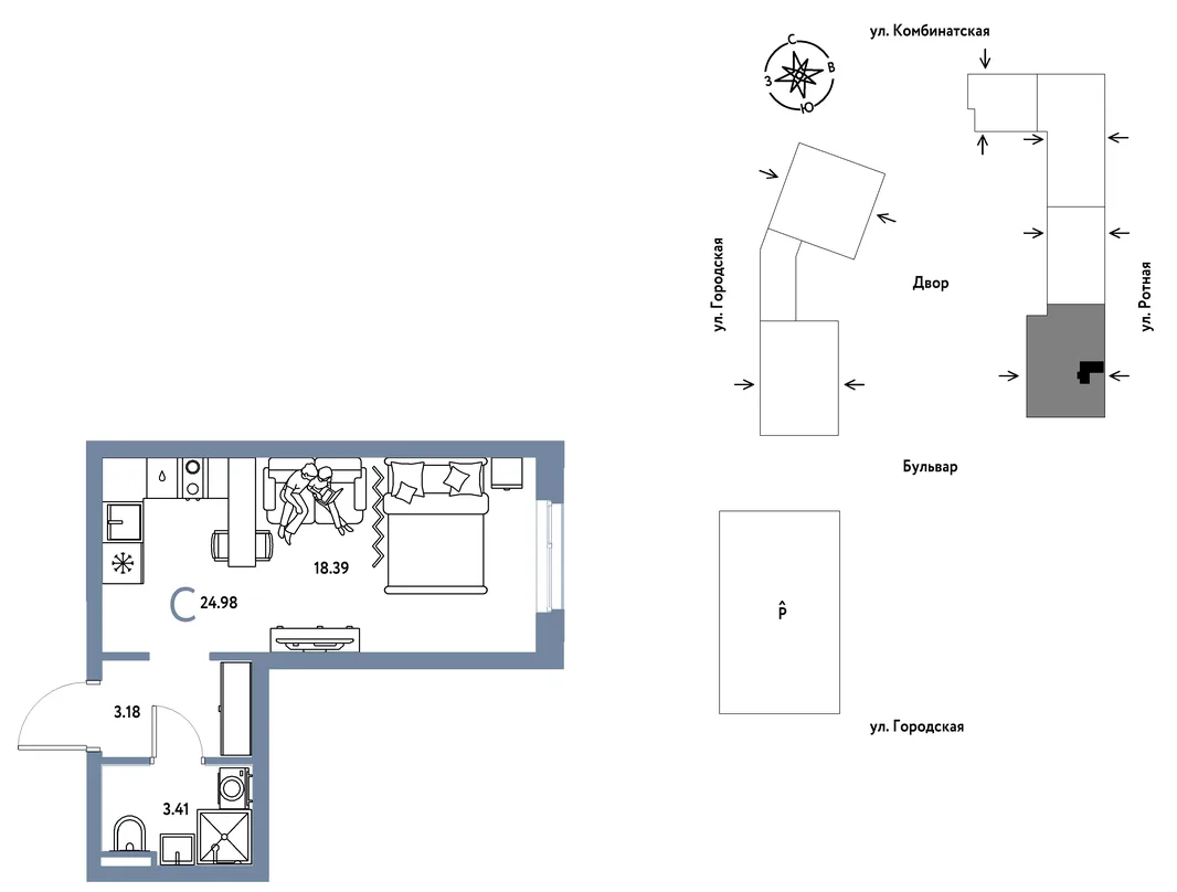 Планировка Студия, 24.98 м² ЖК «Уральский сад»