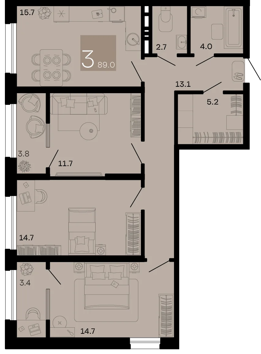 Планировка 3-комн. квартира, 89 м² ЖК «Хозяин морей»