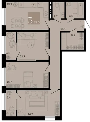 Планировка 3-комн. квартира, 89 м² ЖК «Хозяин морей»