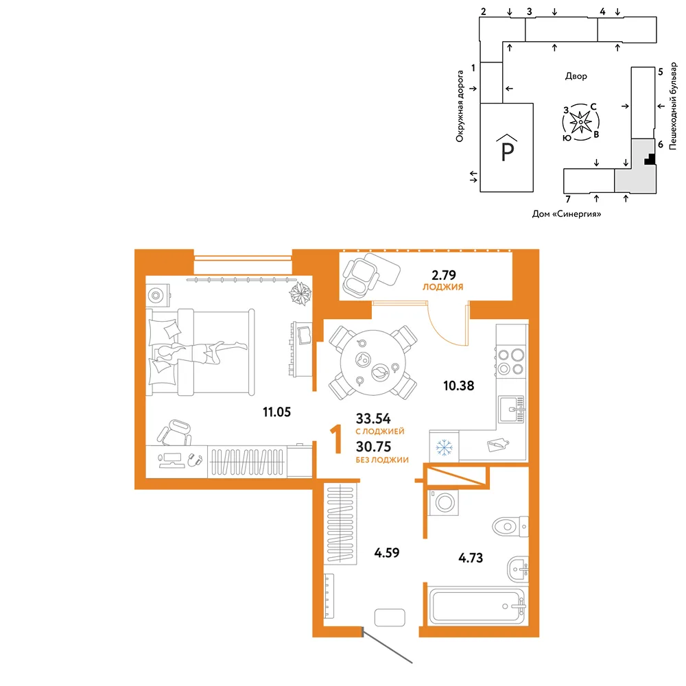Планировка 1-комн. квартира, 33.54 м² ЖК «Юнион»