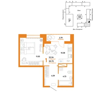 Планировка 1-комн. квартира, 33.54 м² ЖК «Юнион»