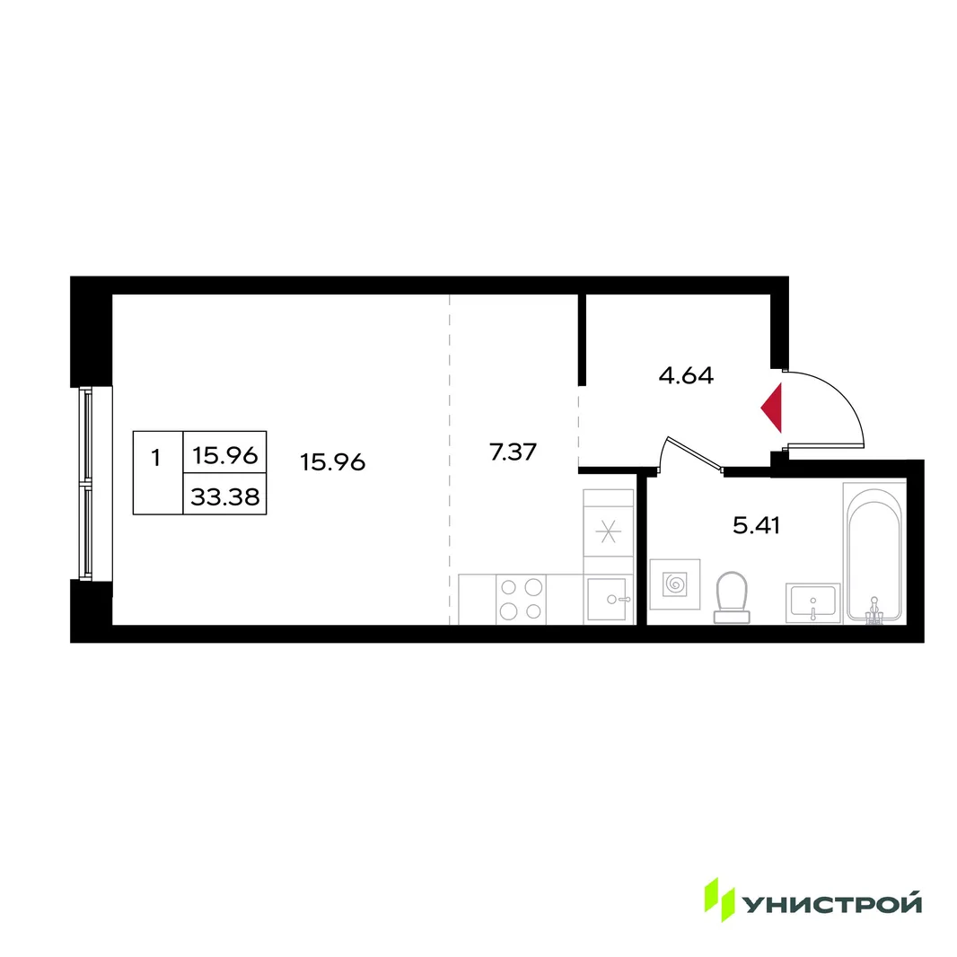 Планировка 1-комн. квартира, 33.38 м² ЖК «Уникум на Энгельса»