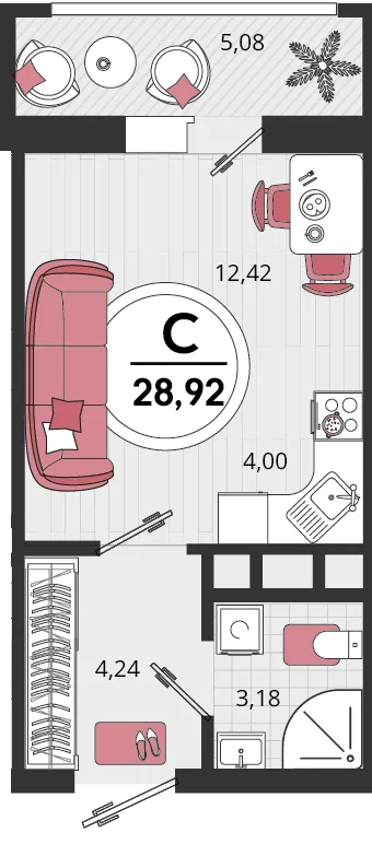 Планировка Студия, 28.92 м² ЖК «Родные просторы»