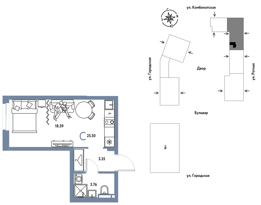 Планировка Студия, 25.5 м² ЖК «Уральский сад»