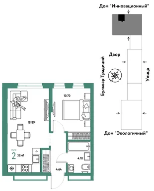 Планировка 2-комн. квартира, 38.41 м² ЖК «Микрорайон Домашний»