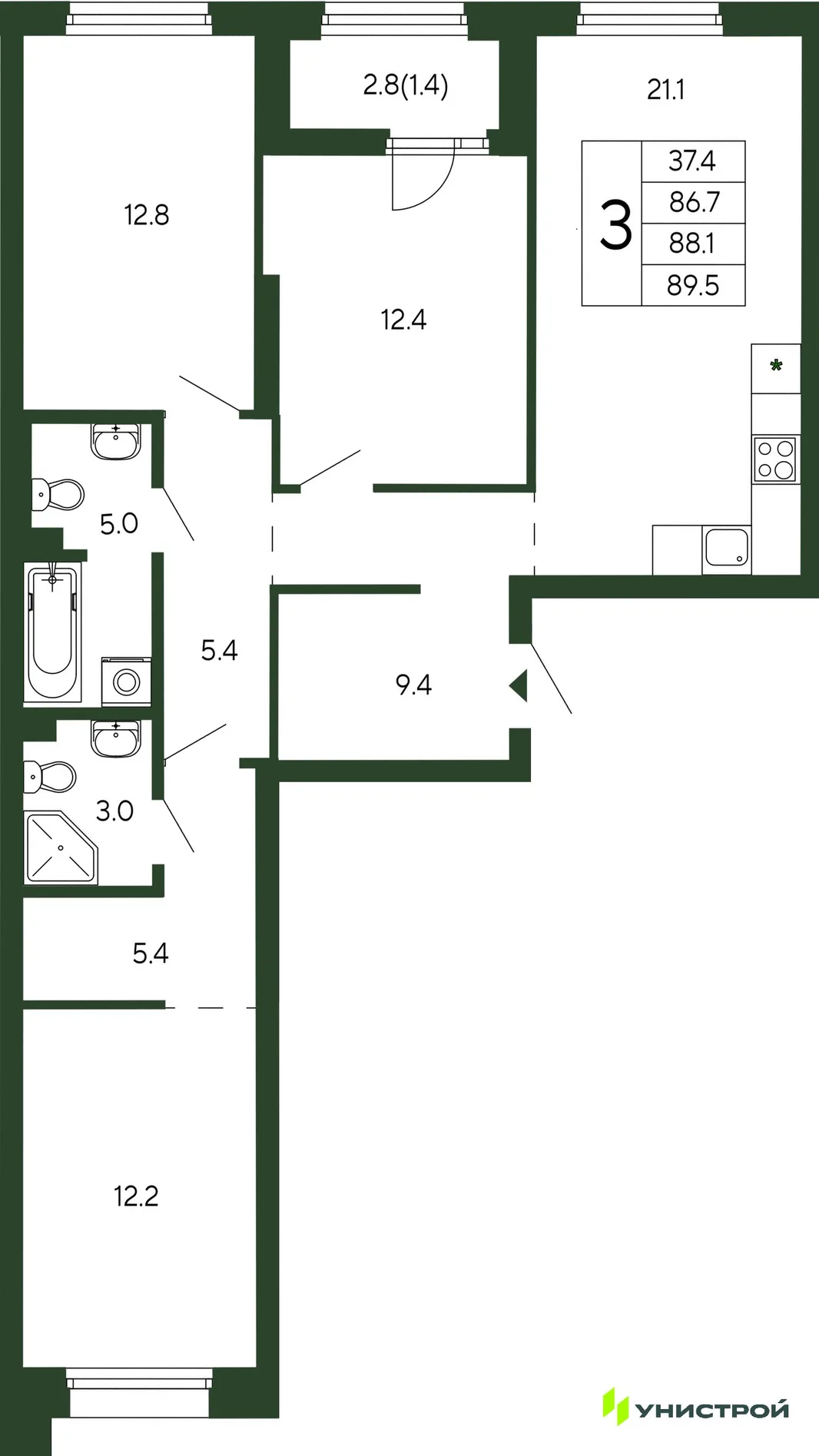 Планировка 3-комн. квартира, 88.1 м² ЖК «Парковый квартал 2.0»