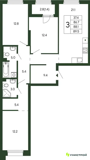 Планировка 3-комн. квартира, 88.1 м² ЖК «Парковый квартал 2.0»