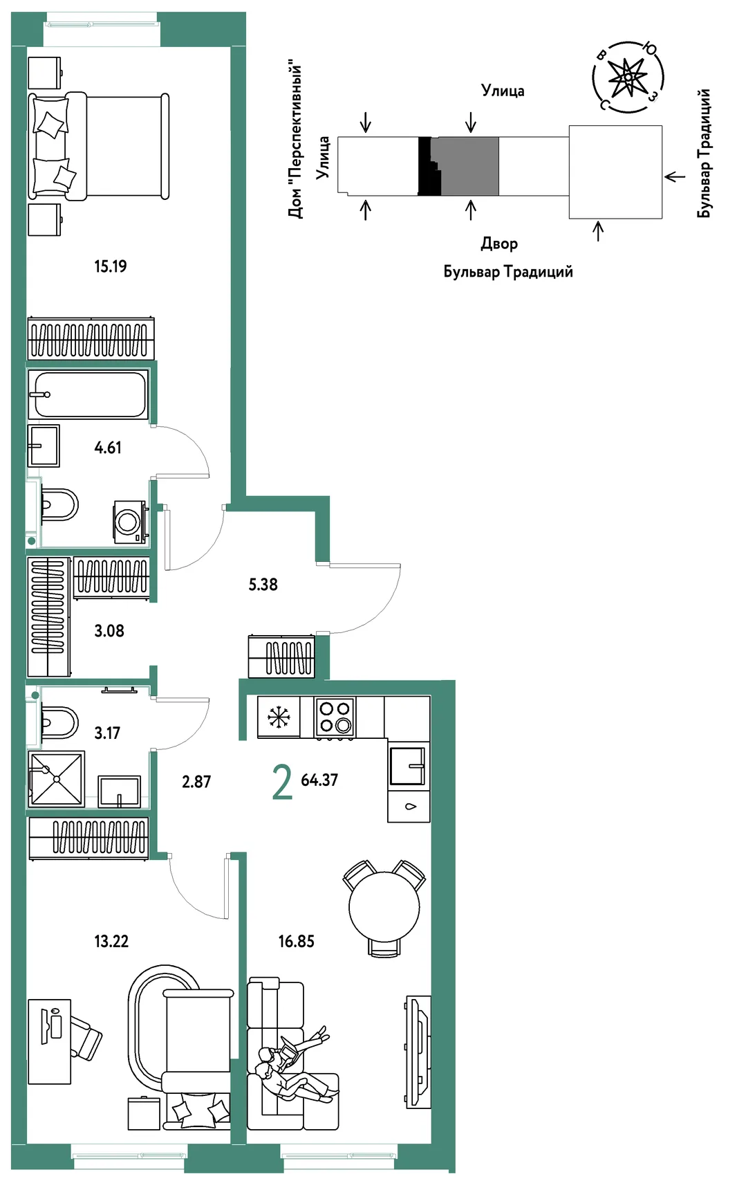 Планировка 2-комн. квартира, 64.37 м² ЖК «Микрорайон Домашний»