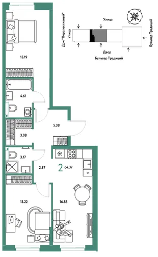 Планировка 2-комн. квартира, 64.37 м² ЖК «Микрорайон Домашний»