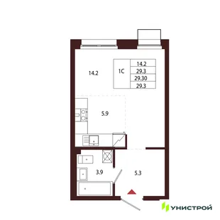 Планировка 1-комн. квартира, 29.3 м² ЖК «Лисино»