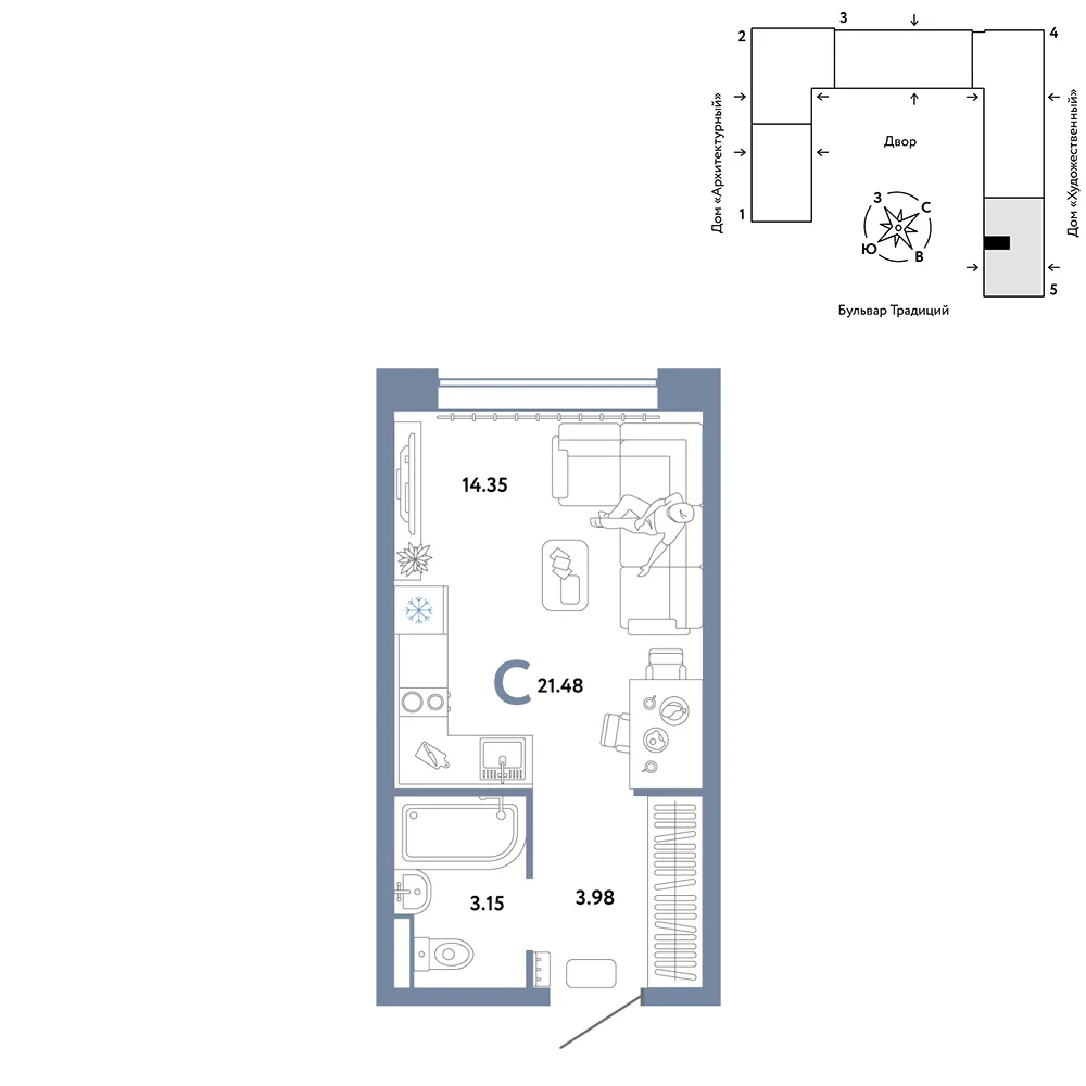 Планировка Студия, 21.48 м² ЖК «Микрорайон Домашний»