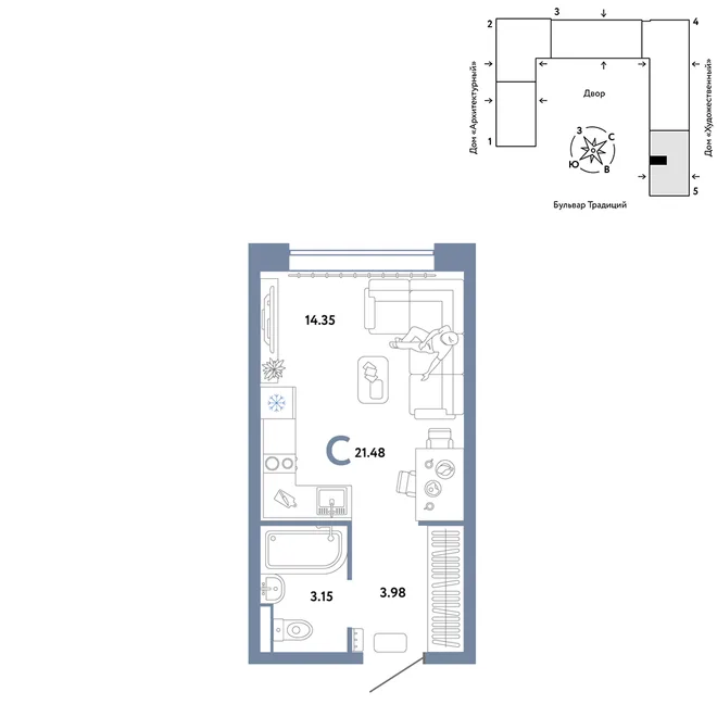 Планировка Студия, 21.48 м² ЖК «Микрорайон Домашний» Планировка Студия, 21.48 м² ЖК «Микрорайон Домашний»