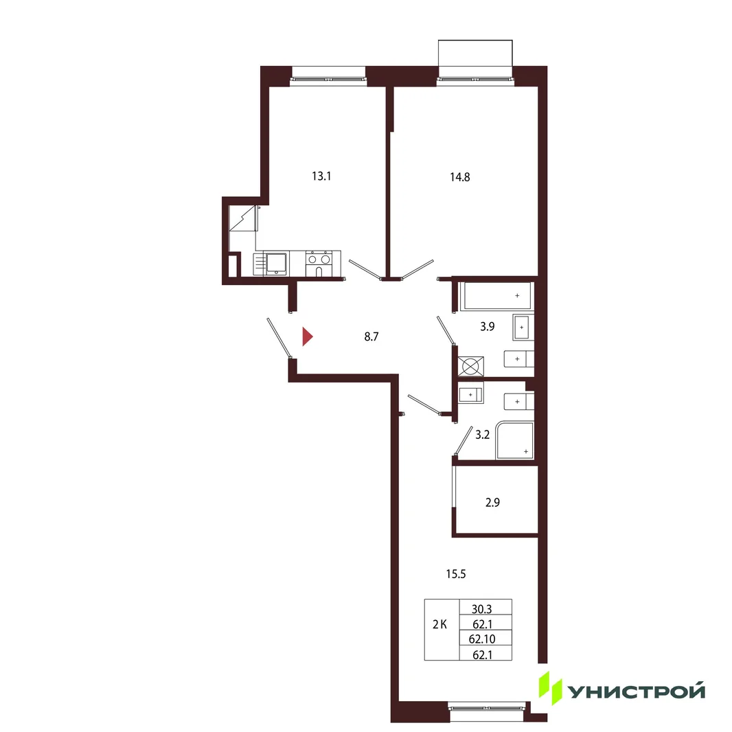 Планировка 2-комн. квартира, 62.1 м² ЖК «Лисино»