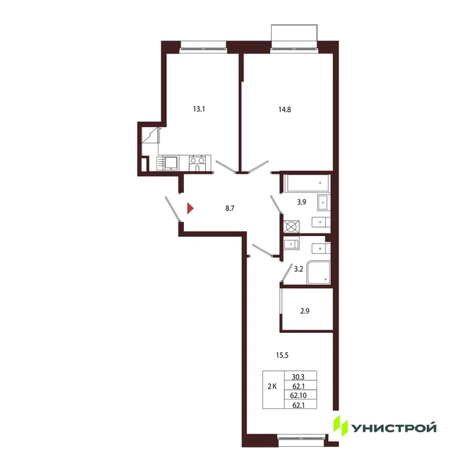 Планировка 2-комн. квартира, 62.1 м² ЖК «Лисино» Планировка 2-комн. квартира, 62.1 м² ЖК «Лисино»