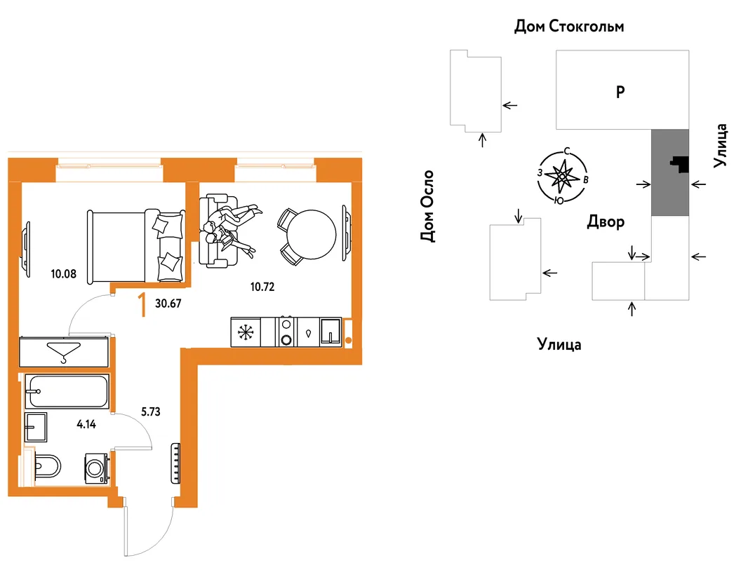 Планировка 1-комн. квартира, 30.67 м² ЖК «Европейский берег 2.0»