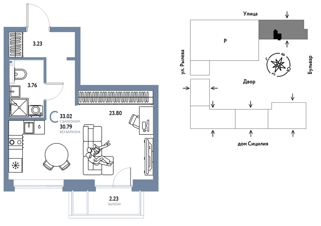Планировка Студия, 33.02 м² ЖК «Остров-сад»