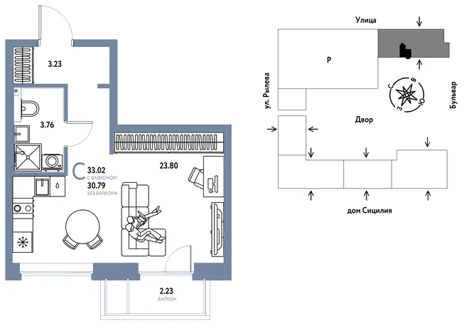 Планировка Студия, 33.02 м² ЖК «Остров-сад» Планировка Студия, 33.02 м² ЖК «Остров-сад»
